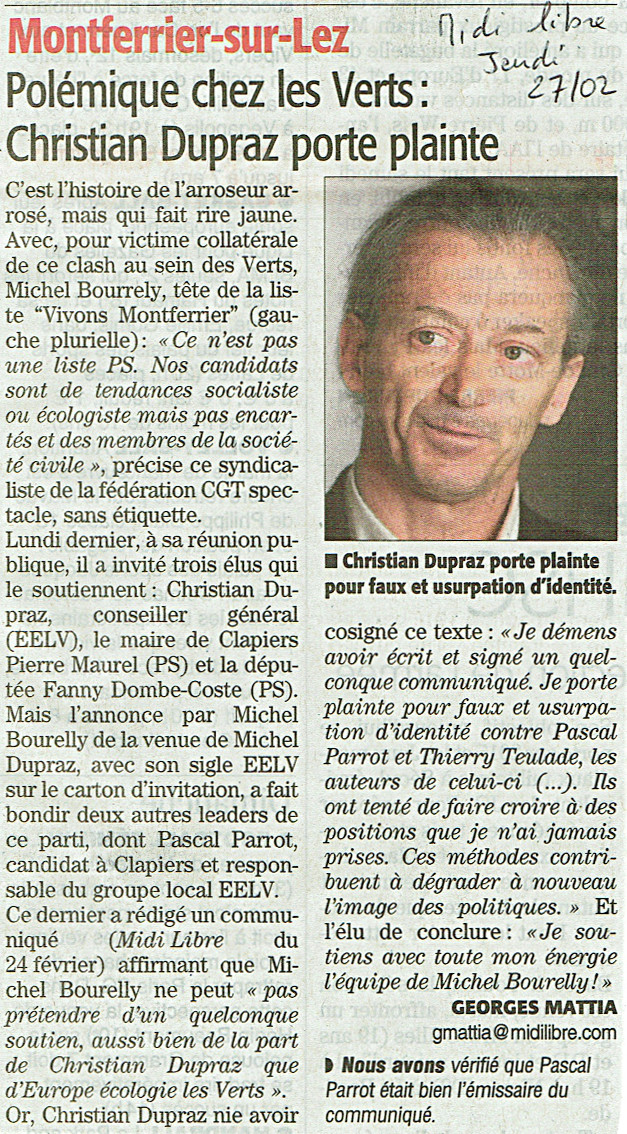 Communiqué de presse de Christian Dupraz (EELV) - Midi Libre - 27 février 2014 Communique de presse de C Dupraz - Midi Libre - 27 février 2014