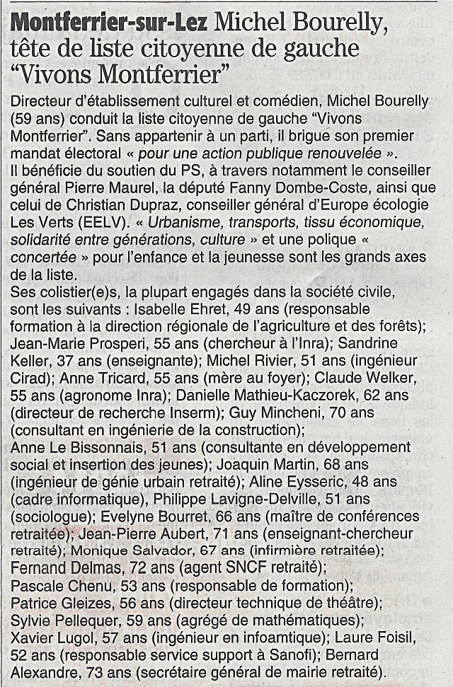 Présentation de la liste Vivons Montferrier sur le Midi Libre du 28 février