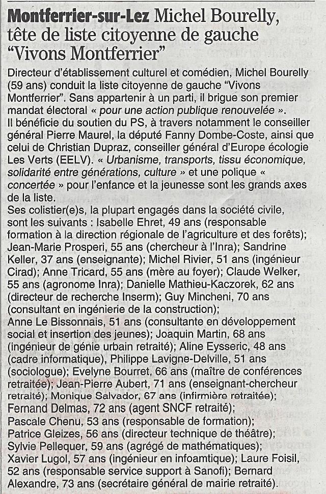 Présentation de la liste Vivons Montferrier sur le Midi Libre du 28 février Présentation de la liste Vivons Montferrier sur le Midi Libre du 28 février